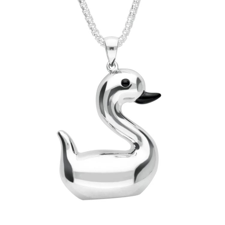 Sterling Silver Whitby Jet Luckiest Duck Large Necklace - Silver