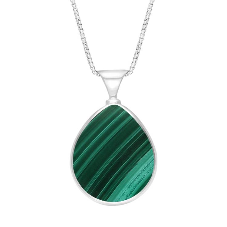 Sterling Silver Whitby Jet Malachite King's Coronation Hallmark Double Sided Pear-shaped Necklace