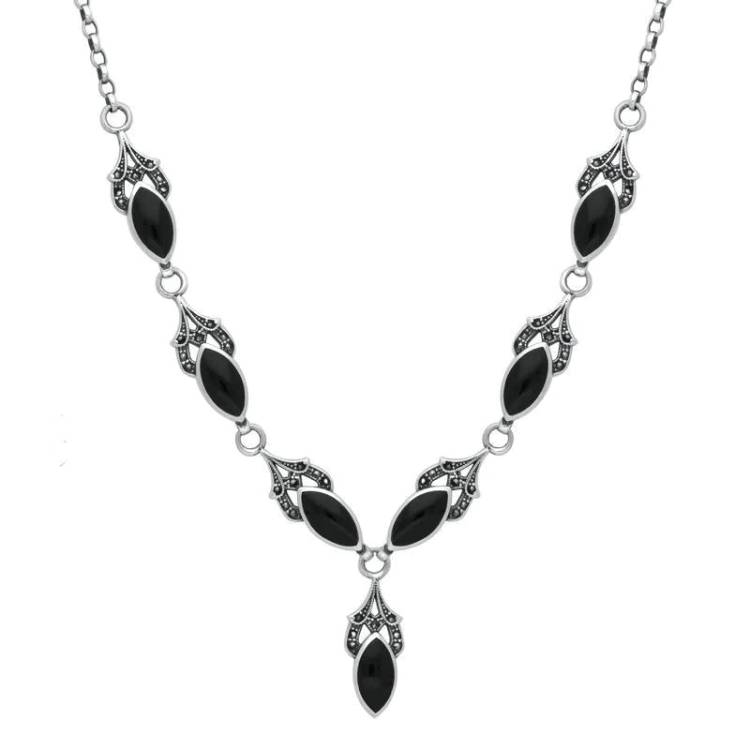 Sterling Silver Whitby Jet Marcasite 7 Stone Pave Marquise Necklace - Silver
