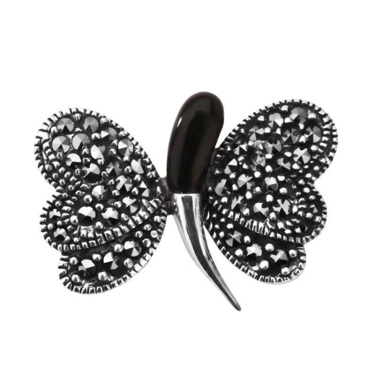 Sterling Silver Whitby Jet & Marcasite Abstract Butterfly Necklace - Silver