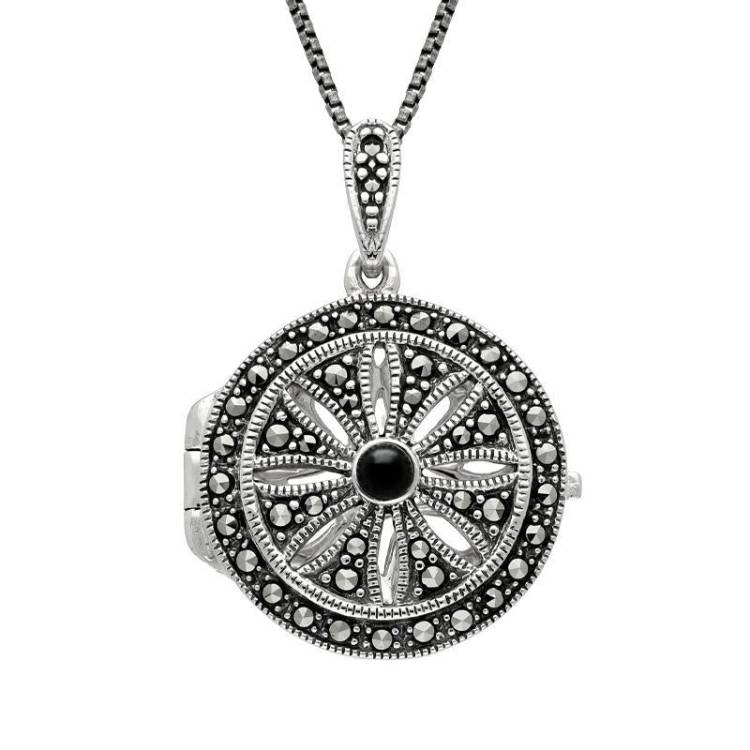 Sterling Silver Whitby Jet Marcasite Arc Deco Circles Locket Necklace - Silver