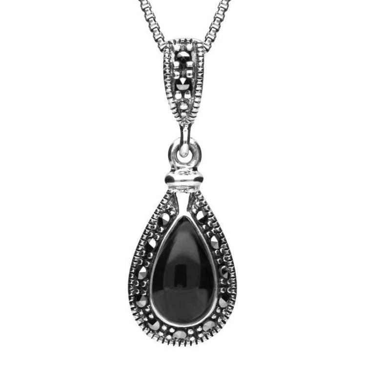Sterling Silver Whitby Jet Marcasite Small Beaded Pear Necklace - Silver