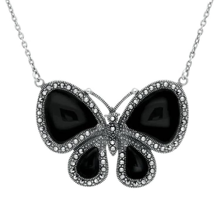 Sterling Silver Whitby Jet Marcasite Butterfly Necklace - Silver