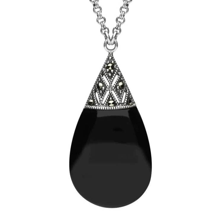 Sterling Silver Whitby Jet Marcasite Capped Pear Drop Necklace - Silver