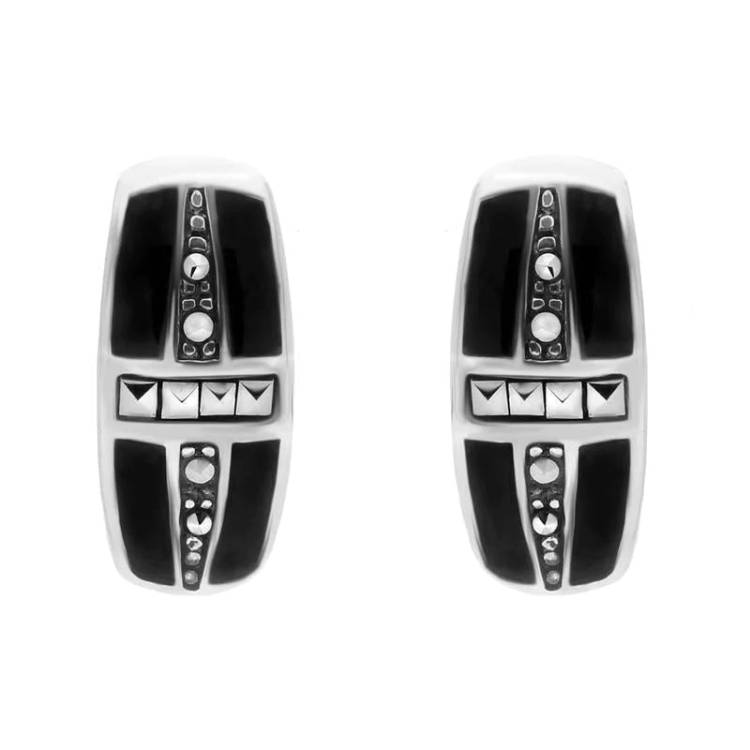 Sterling Silver Whitby Jet Marcasite Cross Barrel Stud Earrings - Silver