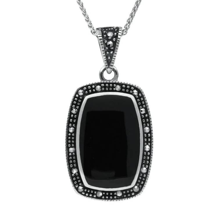 Sterling Silver Whitby Jet Marcasite Curved Oblong Necklace D - Silver