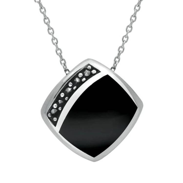 Sterling Silver Whitby Jet Marcasite Cushion Necklace - Silver