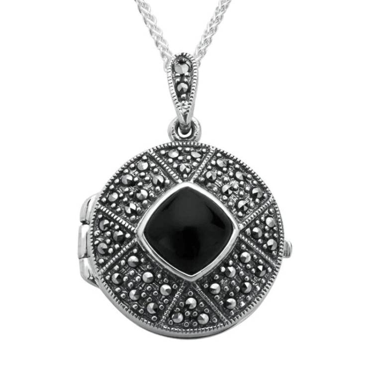 Sterling Silver Whitby Jet Marcasite Cushion Patterned Locket - Silver