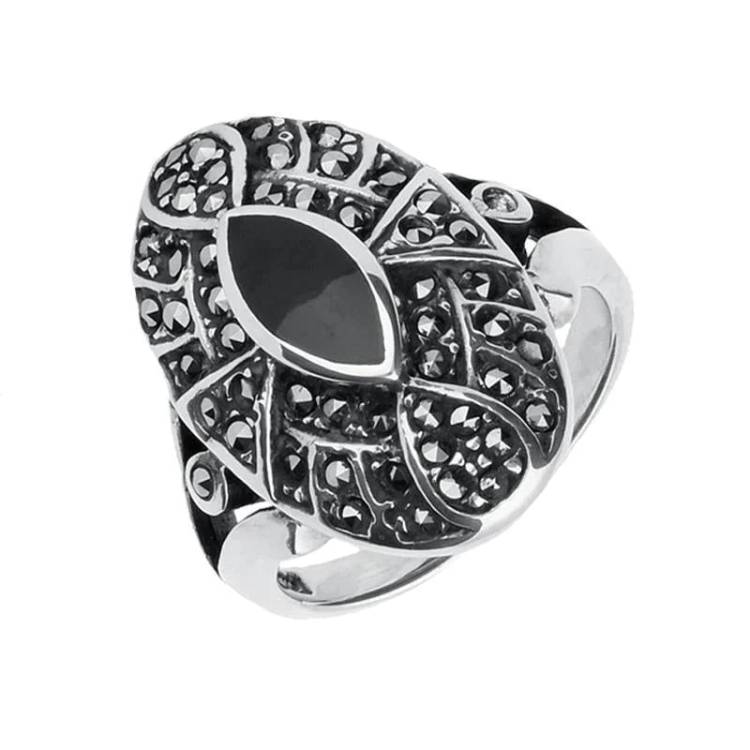 Sterling Silver Whitby Jet & Marcasite Decorative Shield Ring - Option1 Value Silver