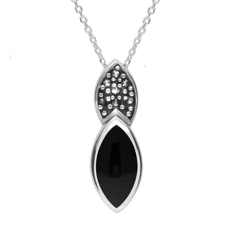 Sterling Silver Whitby Jet Marcasite Double Marquise Necklace - Silver