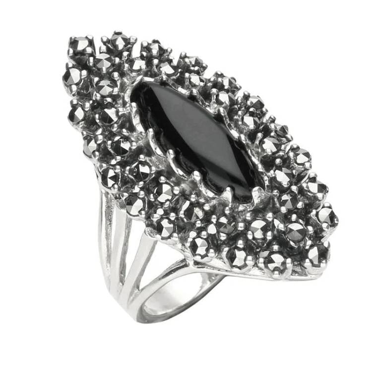 Sterling Silver Whitby Jet Marcasite Double Marquise Ring - Silver