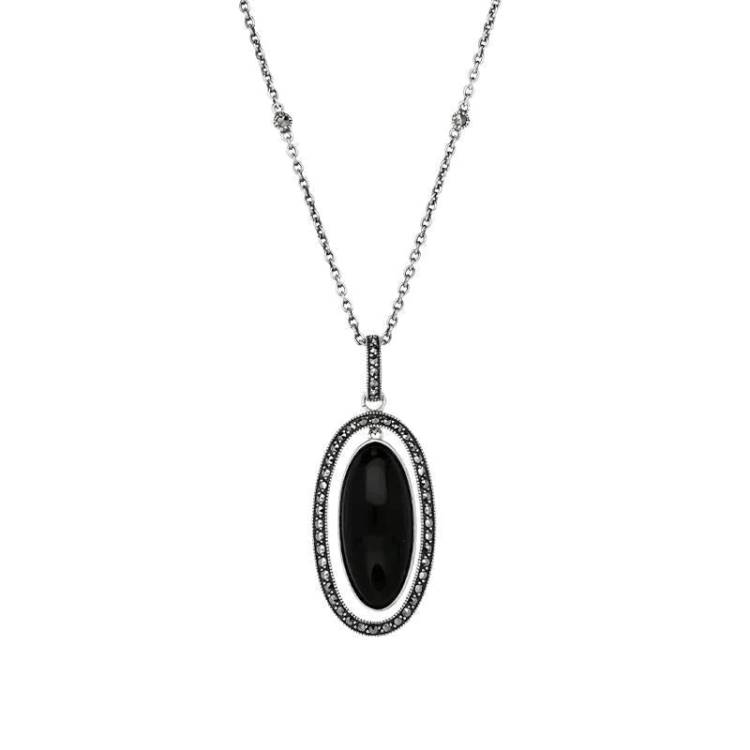 Sterling Silver Whitby Jet Marcasite Double Oval Dangle Necklace - Silver