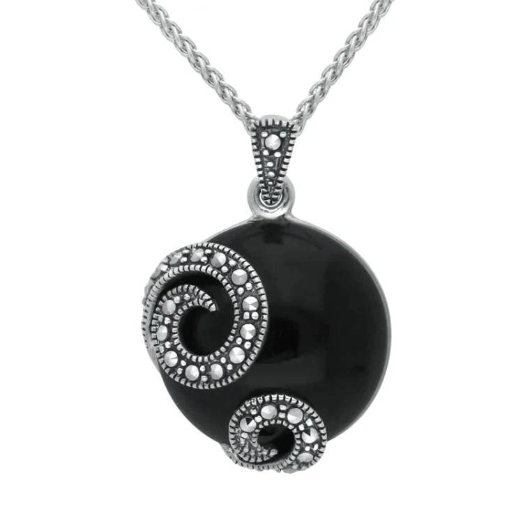Sterling Silver Whitby Jet Marcasite Double Spiral Round Necklace - Silver