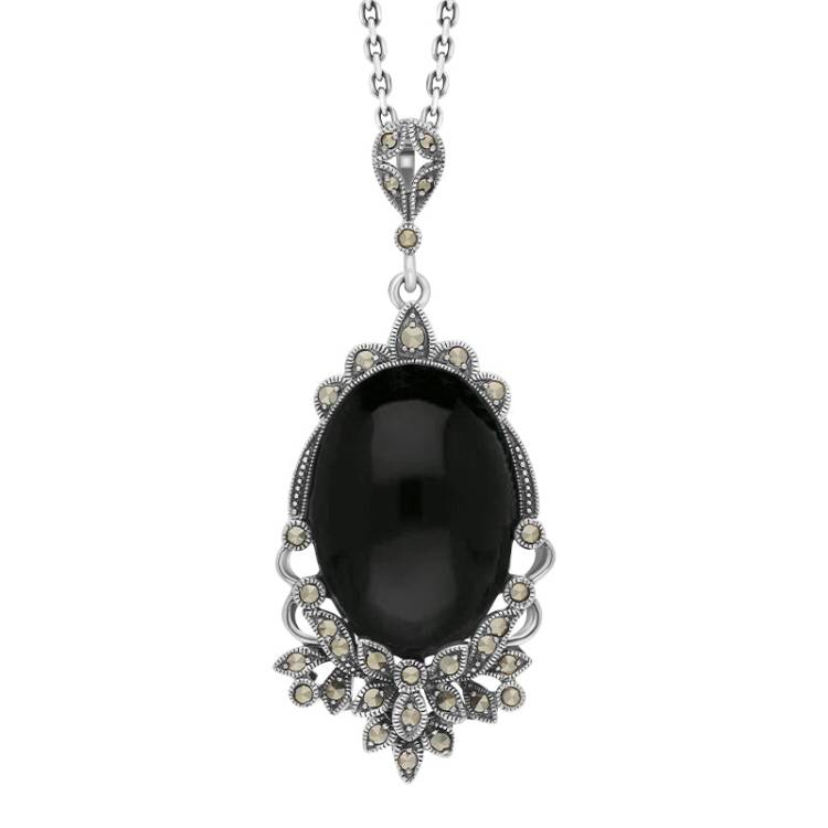 Sterling Silver Whitby Jet Marcasite Edge Oval Flower Large Necklace - Silver