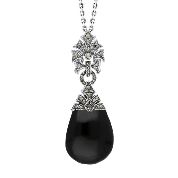 Sterling Silver Whitby Jet Marcasite Fancy Large Necklace - Silver