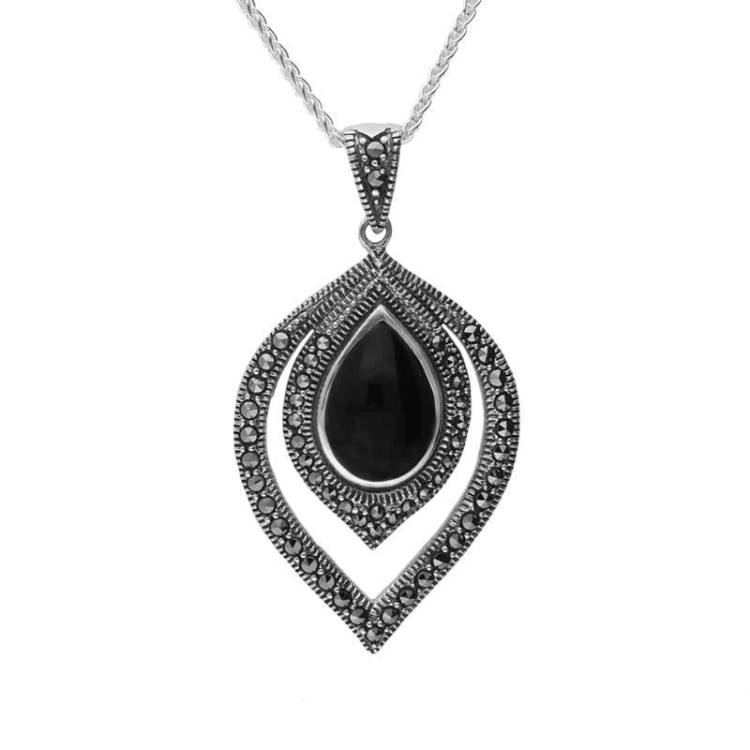 Sterling Silver Whitby Jet Marcasite Fancy Pear Necklace - Silver