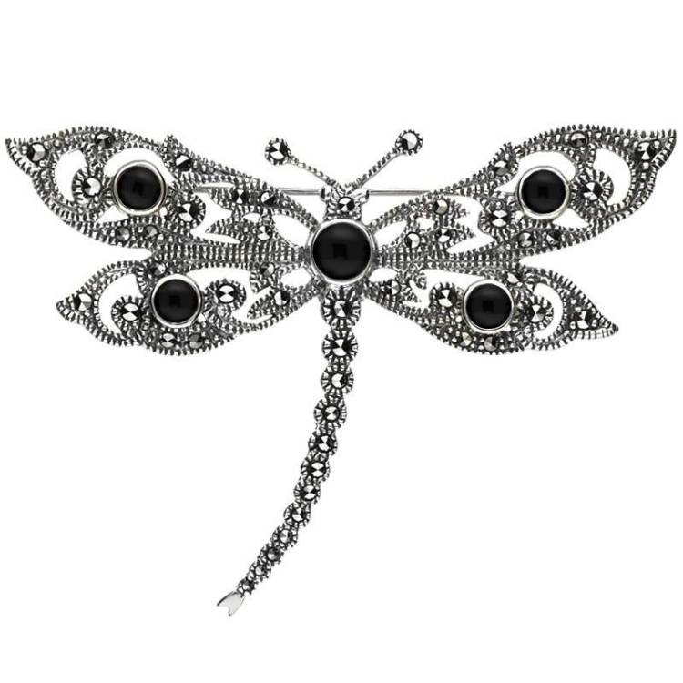 Sterling Silver Whitby Jet Marcasite Five Stone Dragonfly Brooch - Silver