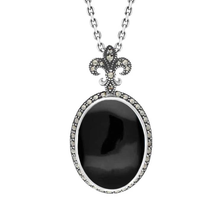 Sterling Silver Whitby Jet Marcasite Fleur De Lis Topped Oval Necklace - Silver
