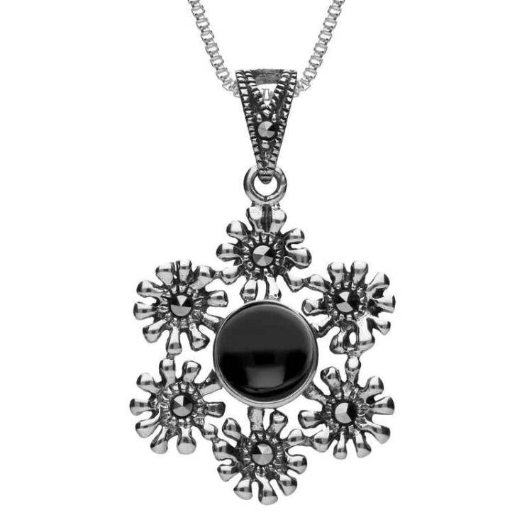 Sterling Silver Whitby Jet Marcasite Floral Necklace - Silver