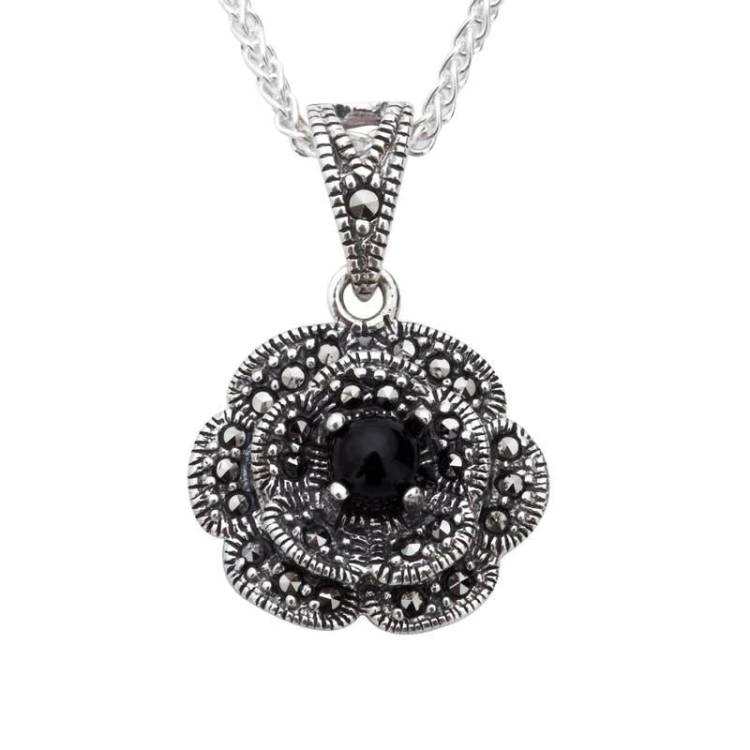 Sterling Silver Whitby Jet Marcasite Flower Necklace - Silver