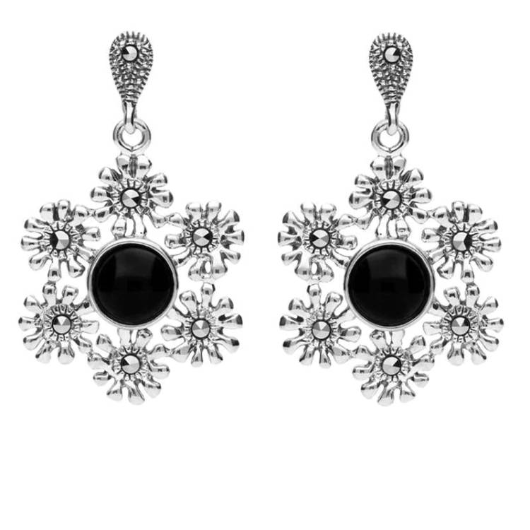 Sterling Silver Whitby Jet Marcasite Flower Petal Drop Stud Earrings - Silver