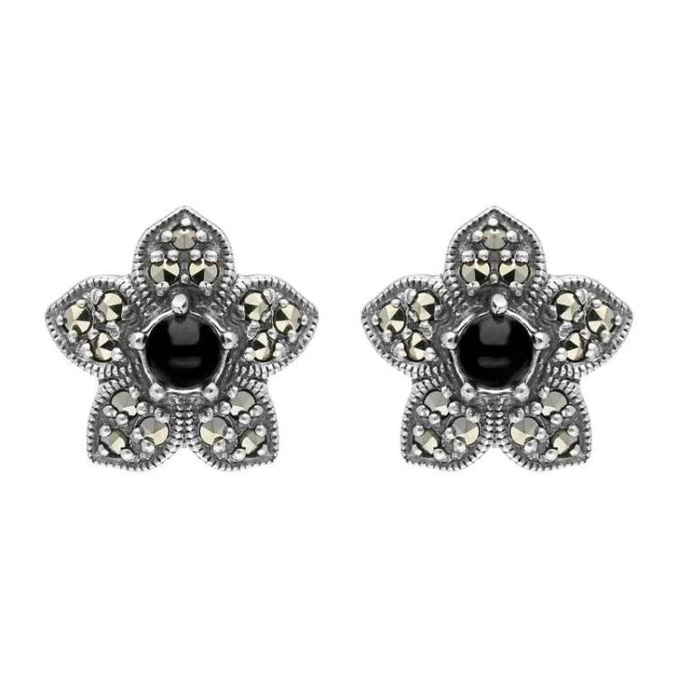 Sterling Silver Whitby Jet Marcasite Flower Stud Earrings