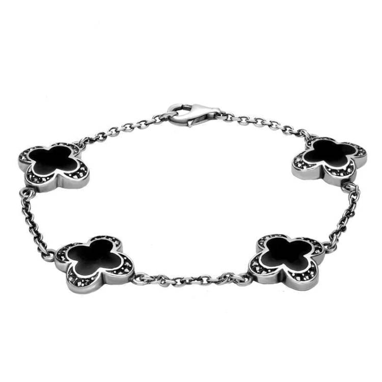 Sterling Silver Whitby Jet Marcasite Four Stone Clover Bracelet - Silver