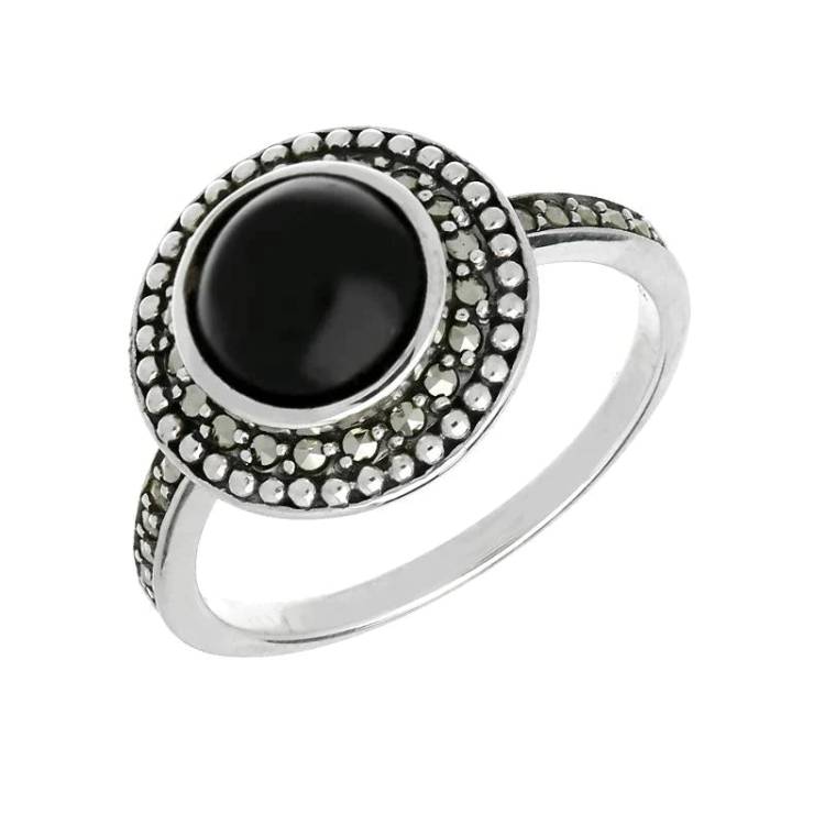 Sterling Silver Whitby Jet Marcasite Frame Large Ring - Silver