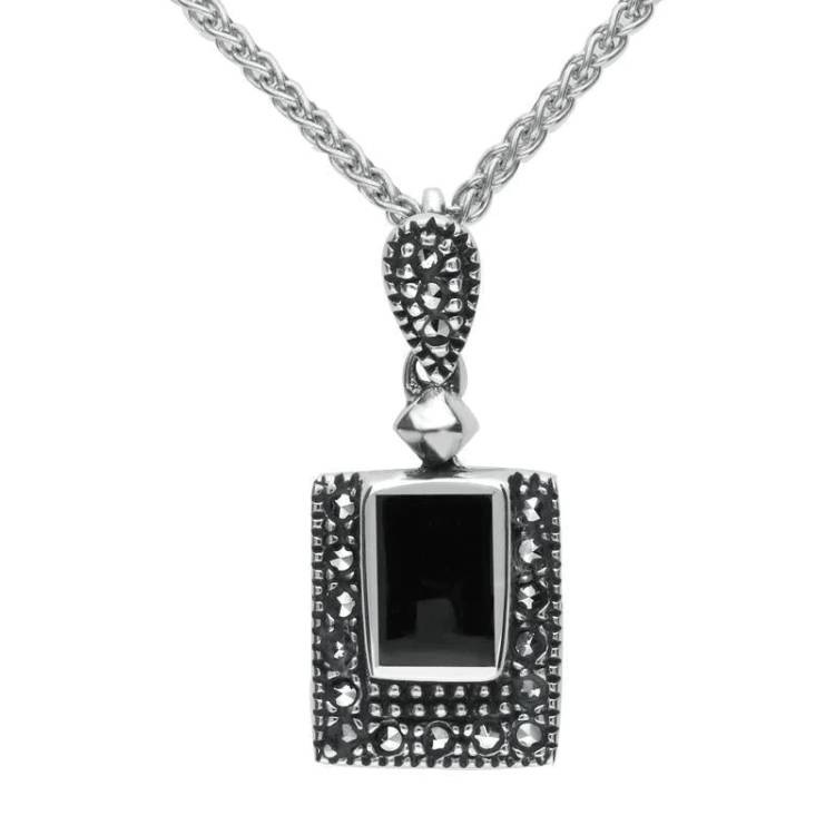 Sterling Silver Whitby Jet Marcasite Framed Oblong Necklace - Silver