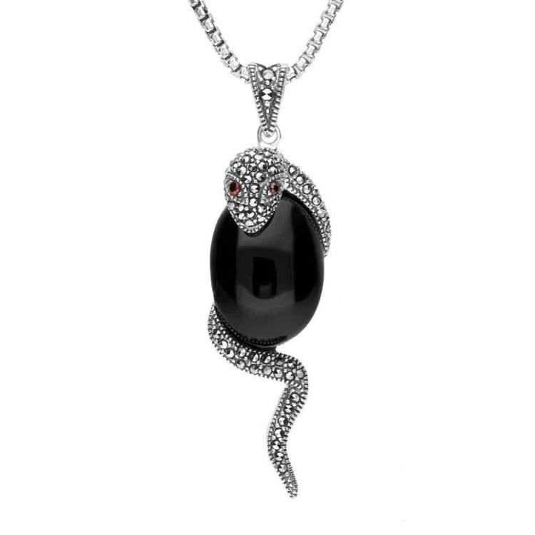 Sterling Silver Whitby Jet Marcasite Garnet Snake Necklace - Option1 Value Silver