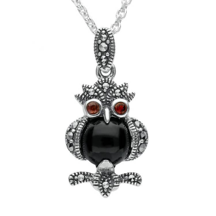 Sterling Silver Whitby Jet Marcasite Garnet Owl Necklace - Silver