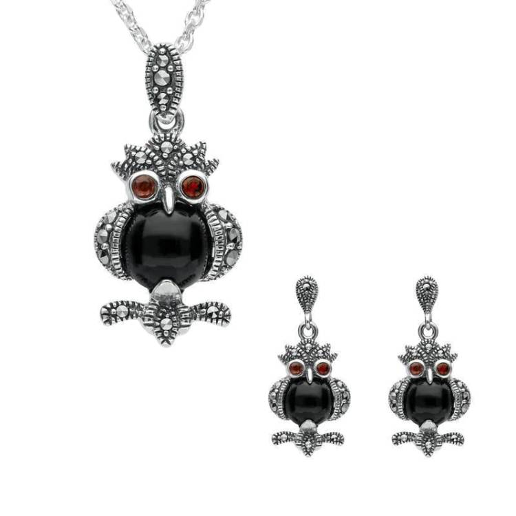 Sterling Silver Whitby Jet Marcasite Garnet Owl Two Piece Set - Silver