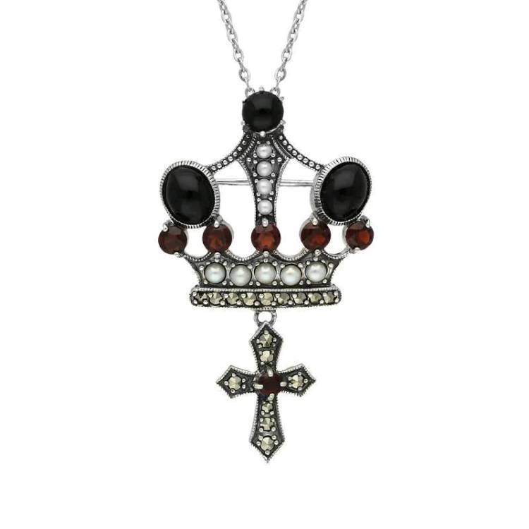 Sterling Silver Whitby Jet Marcasite Garnet Pearl Crown & Cross Necklace - Silver