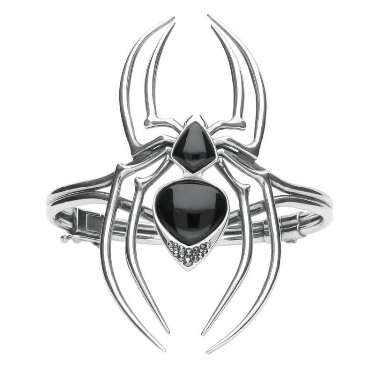 Sterling Silver Whitby Jet & Marcasite Gothic Spider Bangle - Silver