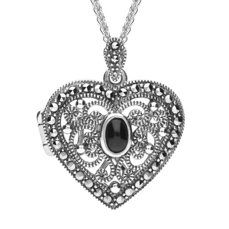 Sterling Silver Whitby Jet Marcasite Heart Locket Necklace - Silver