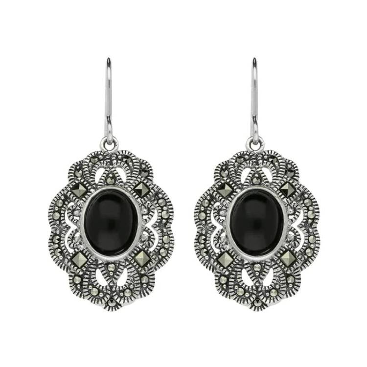 Sterling Silver Whitby Jet Marcasite Lace Edge Oval Drop Earrings