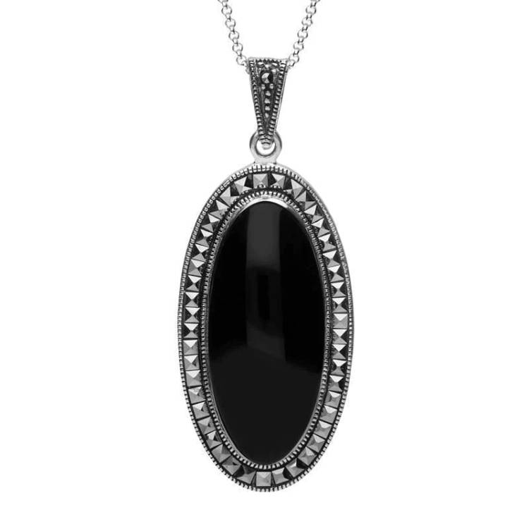 Sterling Silver Whitby Jet Marcasite Long Oval Bead Edge Necklace - Silver