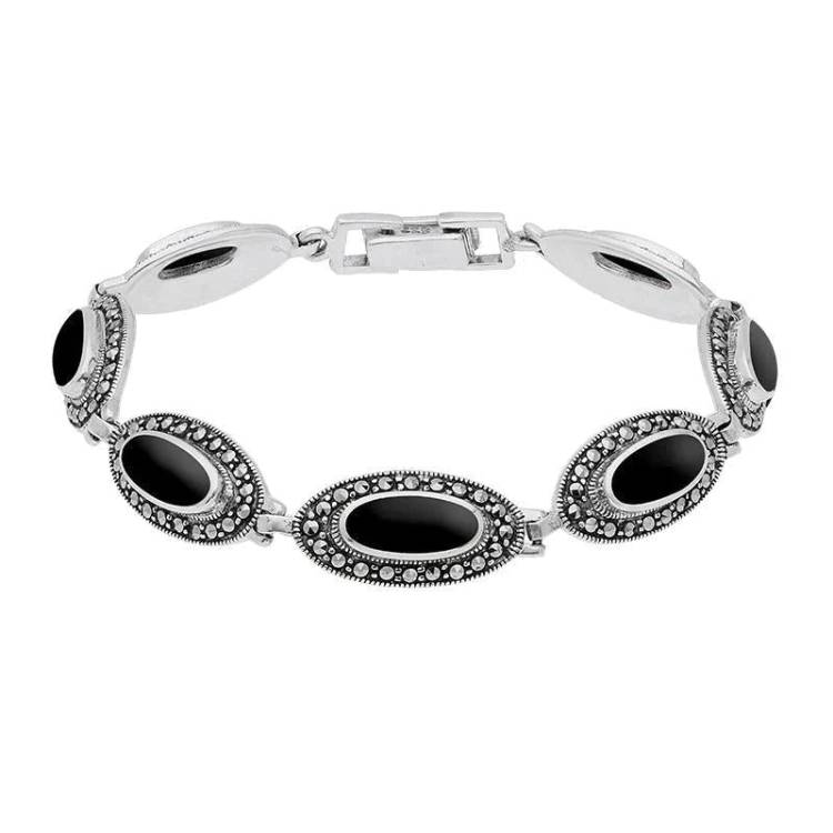 Sterling Silver Whitby Jet Marcasite Slim Oval Link Bracelet - Silver