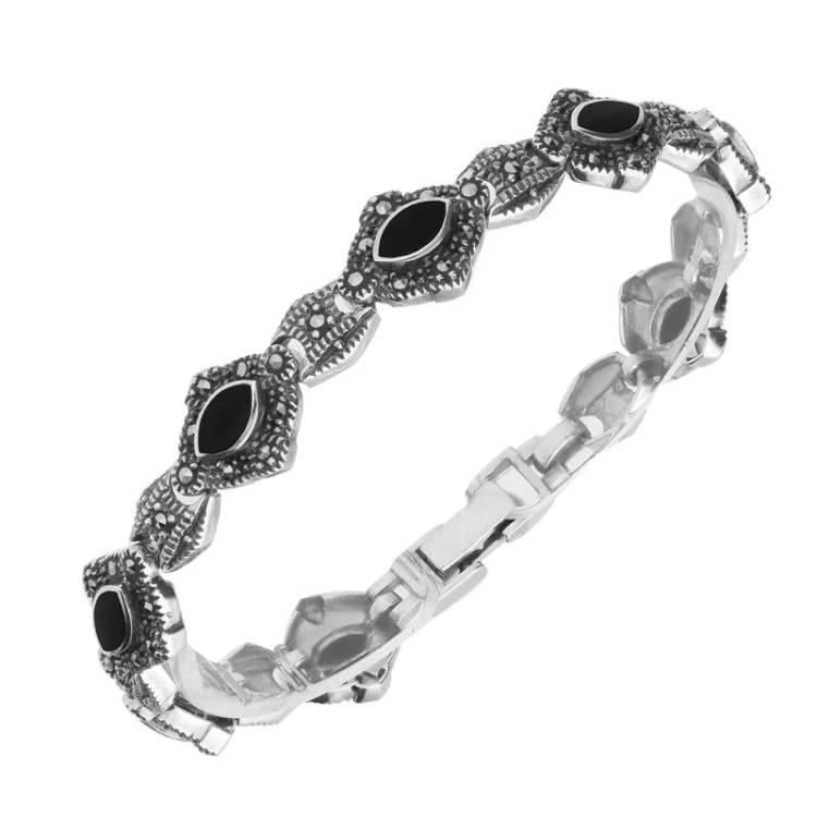 Sterling Silver Whitby Jet Marcasite Marquise Link Bracelet - Option1 Value Silver