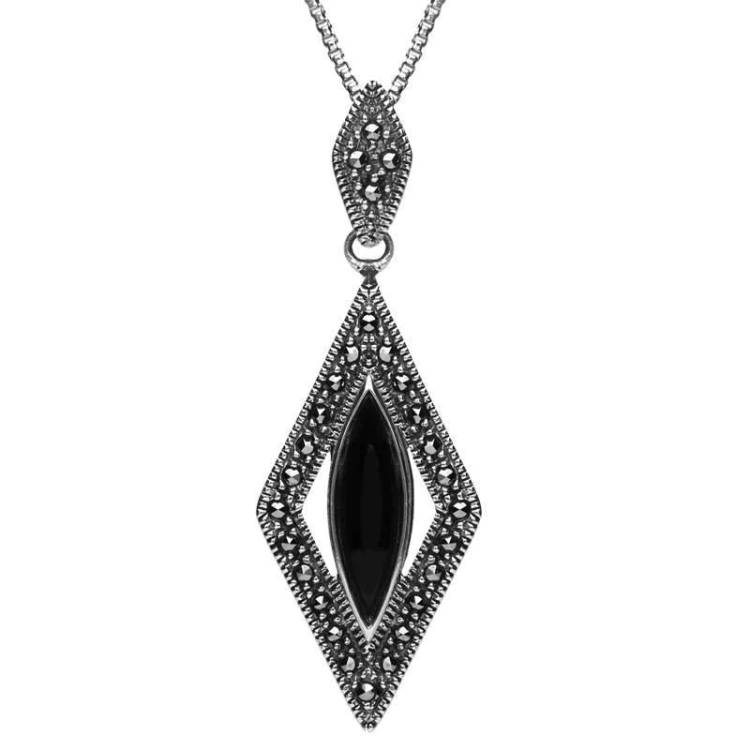 Sterling Silver Whitby Jet Marcasite Marquise Necklace - Silver
