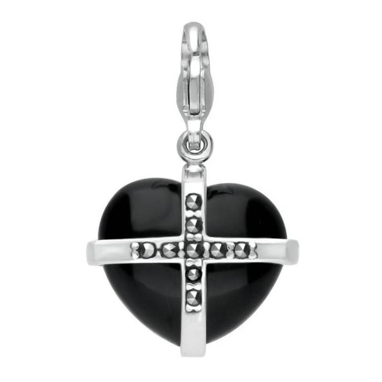 Sterling Silver Whitby Jet Marcasite Medium Cross Heart Charm - Silver