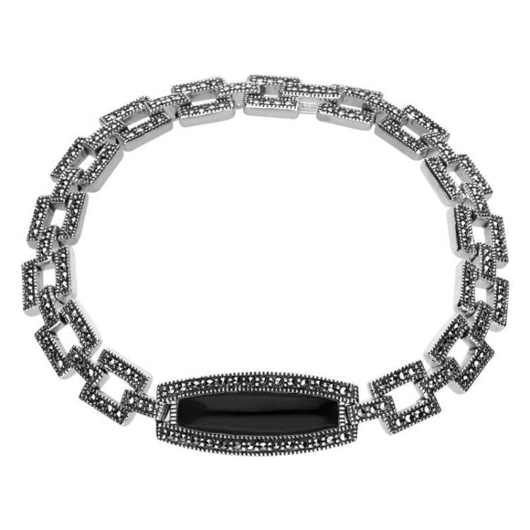 Sterling Silver Whitby Jet & Marcasite Oblong Curved Link Bracelet - Silver