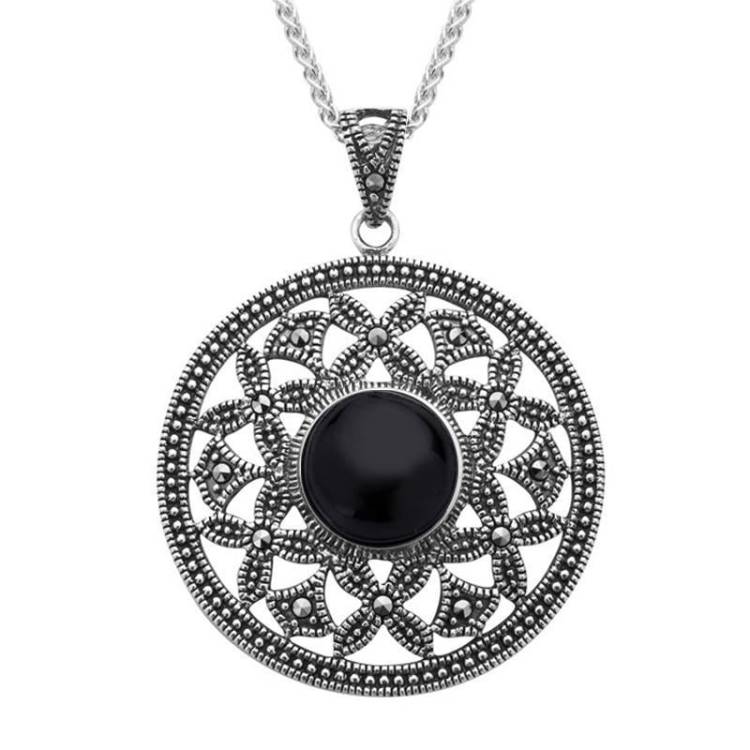 Sterling Silver Whitby Jet Marcasite Open Circle Necklace - Silver