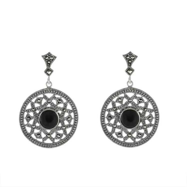 Sterling Silver Whitby Jet Marcasite Open Circle Round Drop Earrings - Silver