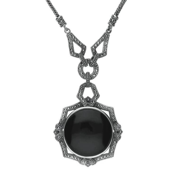 Sterling Silver Whitby Jet Marcasite Ornate Framed Necklace - Silver