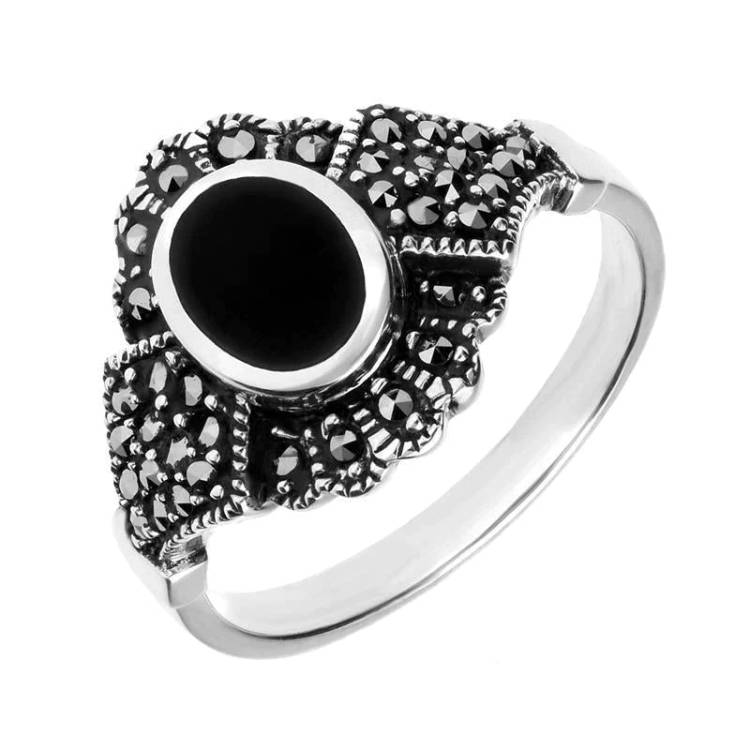 Sterling Silver Whitby Jet Marcasite Oval Antique Ring - Silver