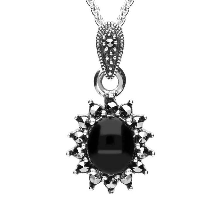 Sterling Silver Whitby Jet Marcasite Oval Bead Edge Necklace - Silver