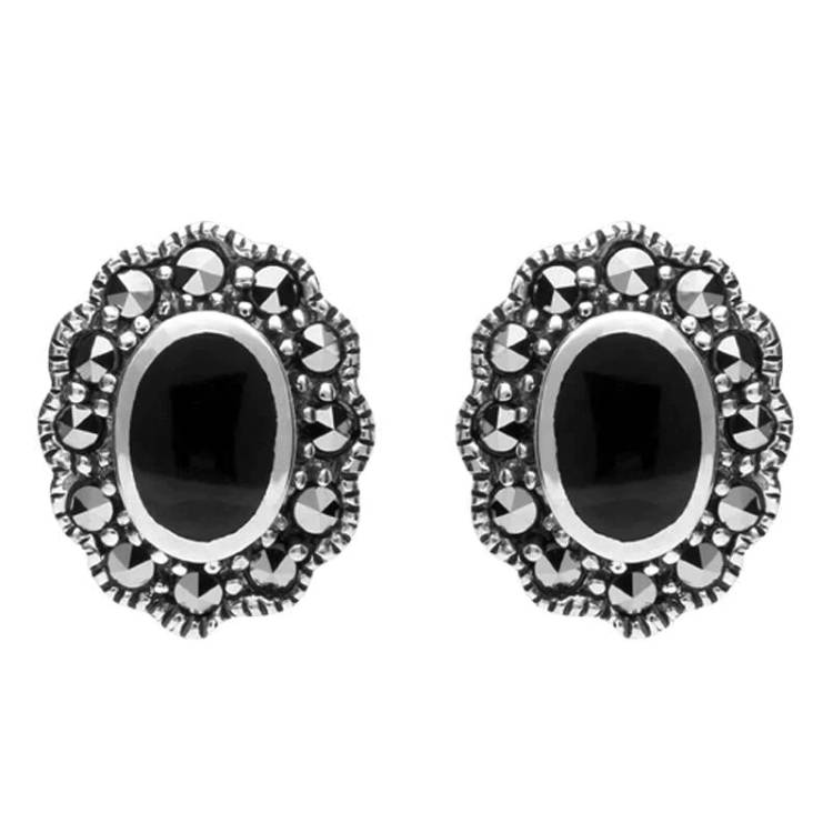 Sterling Silver Whitby Jet Marcasite Oval Beaded Edge Stud Earrings - Silver