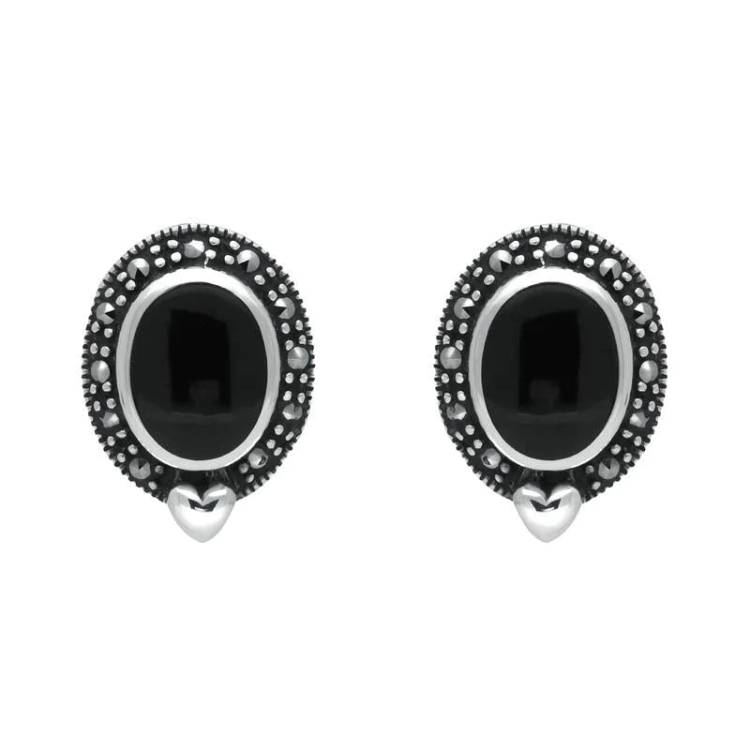 Sterling Silver Whitby Jet Marcasite Oval Framed Stud Earrings - Silver
