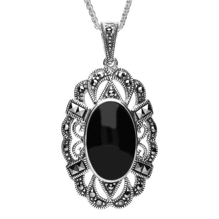 Sterling Silver Whitby Jet Marcasite Oval Lace Edge Necklace - Option1 Value Silver